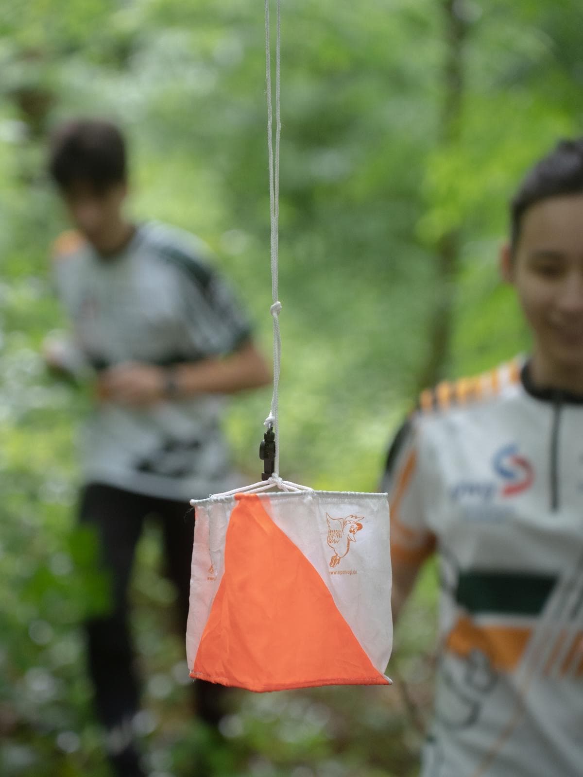 Orange-weiße Postenflagge im Wald
